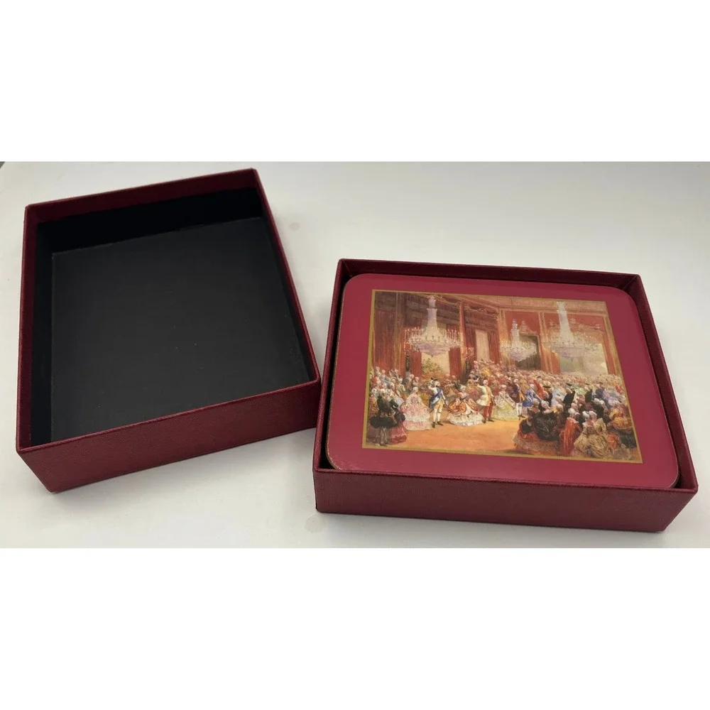 Buckingham Palace Costume Ball Coasters Set‎ 6 Red Gold Royal History Boxed 2005